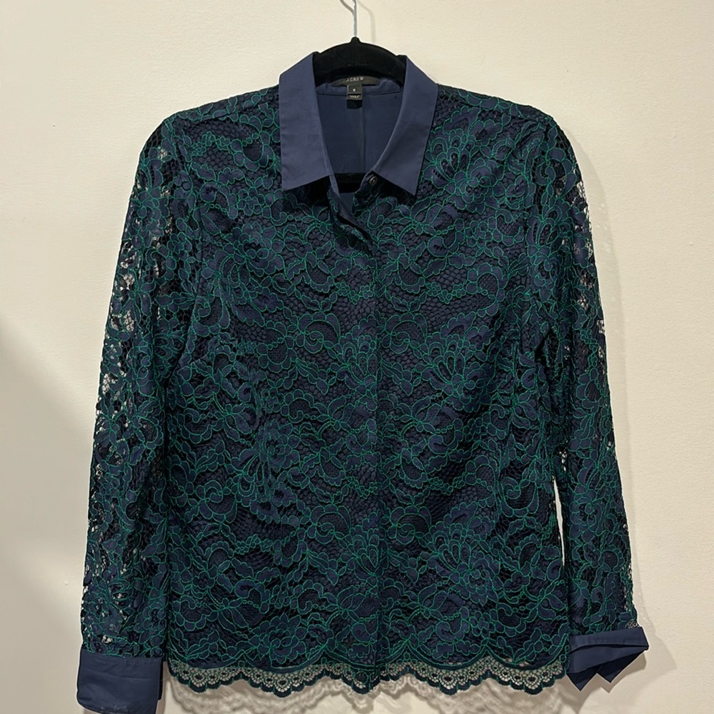 EUC J. Crew Navy and Lace Blouse Size 6